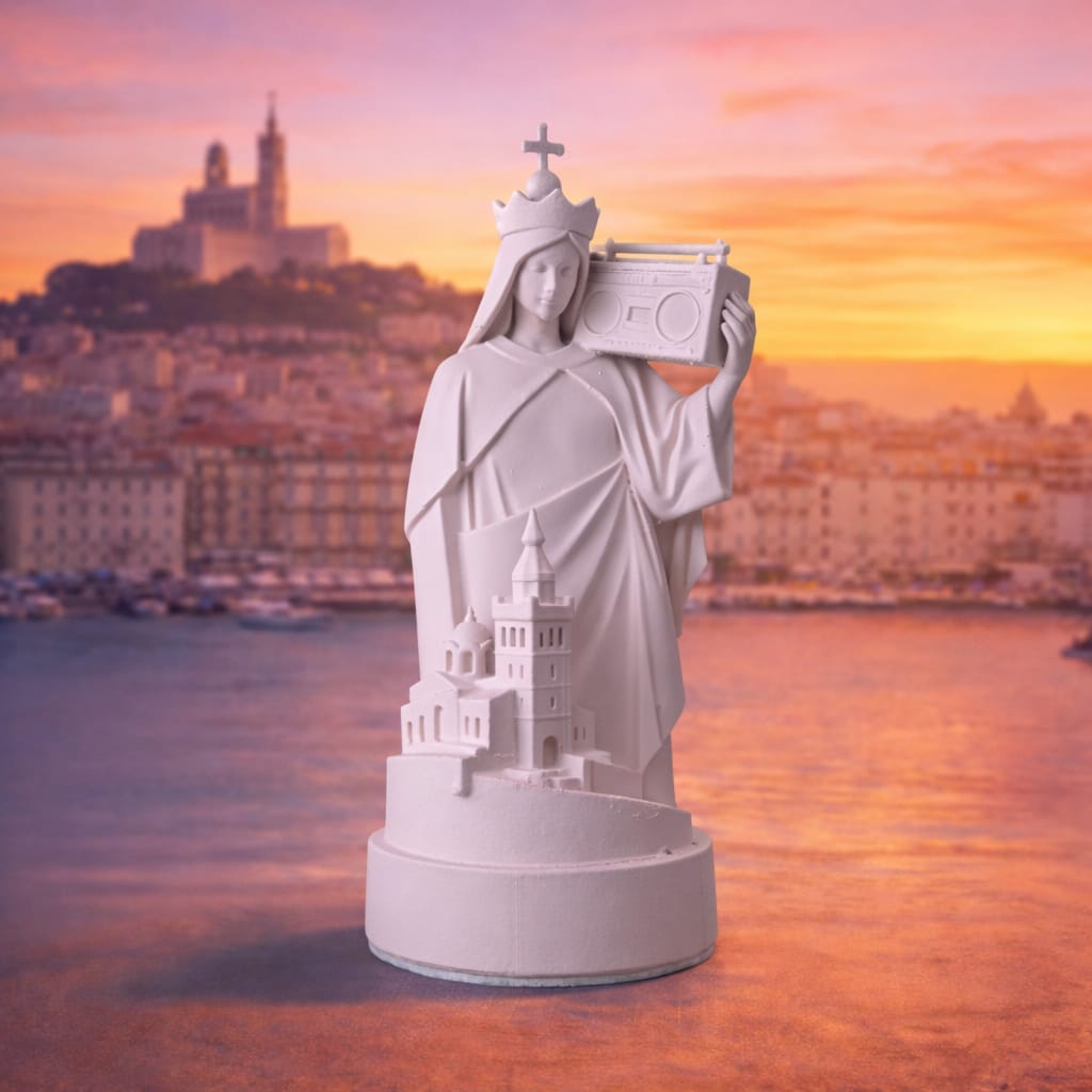 Statuette Bonne Mère avec une boombox sur l'épaule - artisan Marseille Maison Grossi